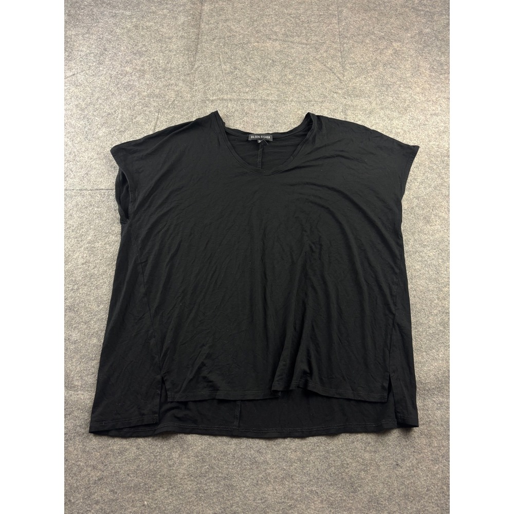 Eileen Fisher Womens M Black V-Neck Cap Sleeve Viscose Top Minimalist Capsule